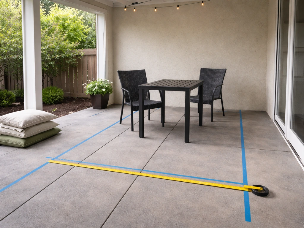 Covered patio floor with painter’s tape and a tape measure marking space for dining and walkway clearance.