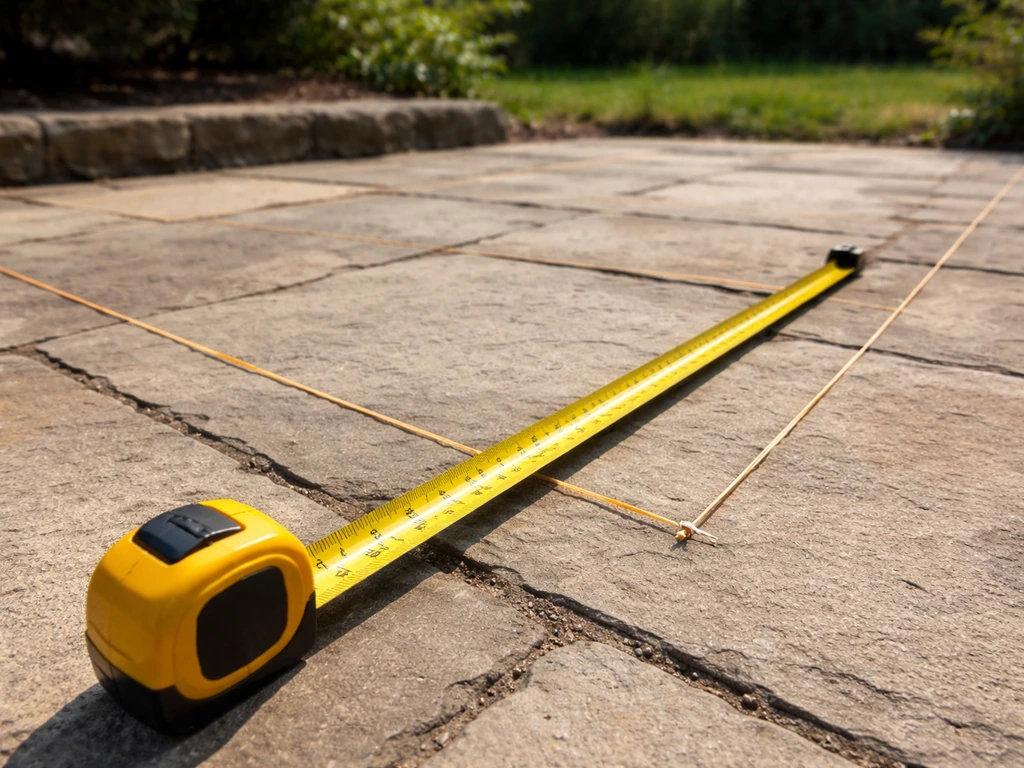 Close-up of a tape measure and string lines on a patio floor planning clearance for dining space.