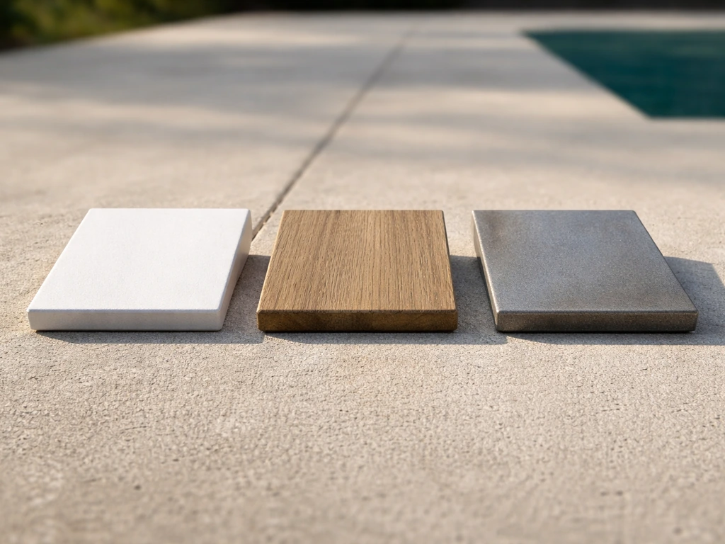 Three outdoor furniture material samples—powder-coated aluminum, weathered teak, and rust-resistant steel—on a patio.
