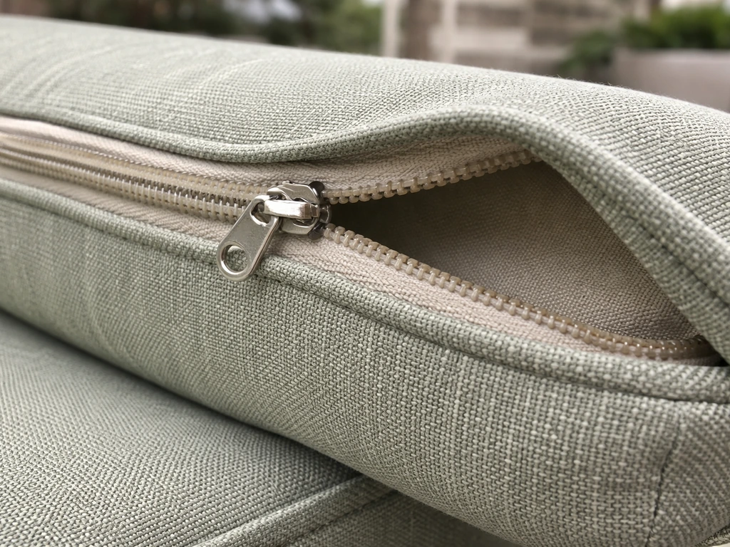 Close-up of solution-dyed outdoor cushion fabric with an open zipper and removable cover