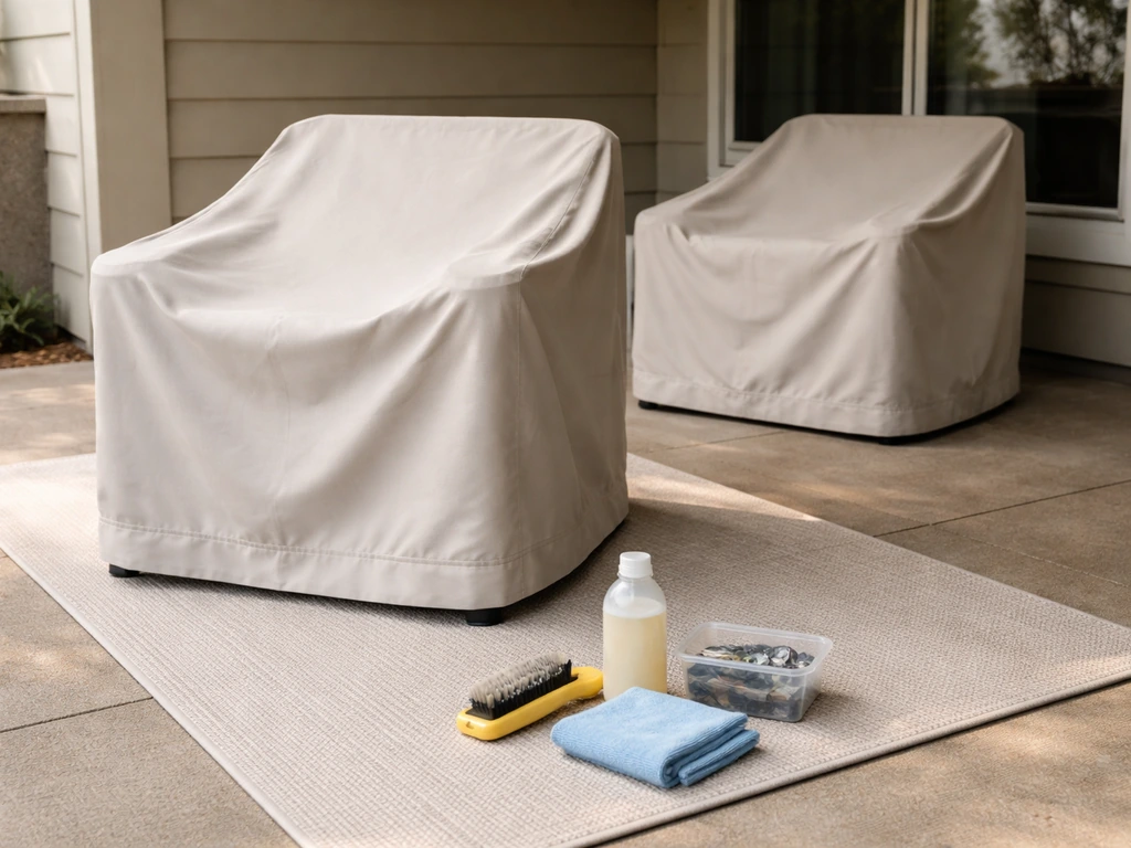 Protective patio furniture cover with a small cleaning and DIY repair kit beside a covered outdoor set.