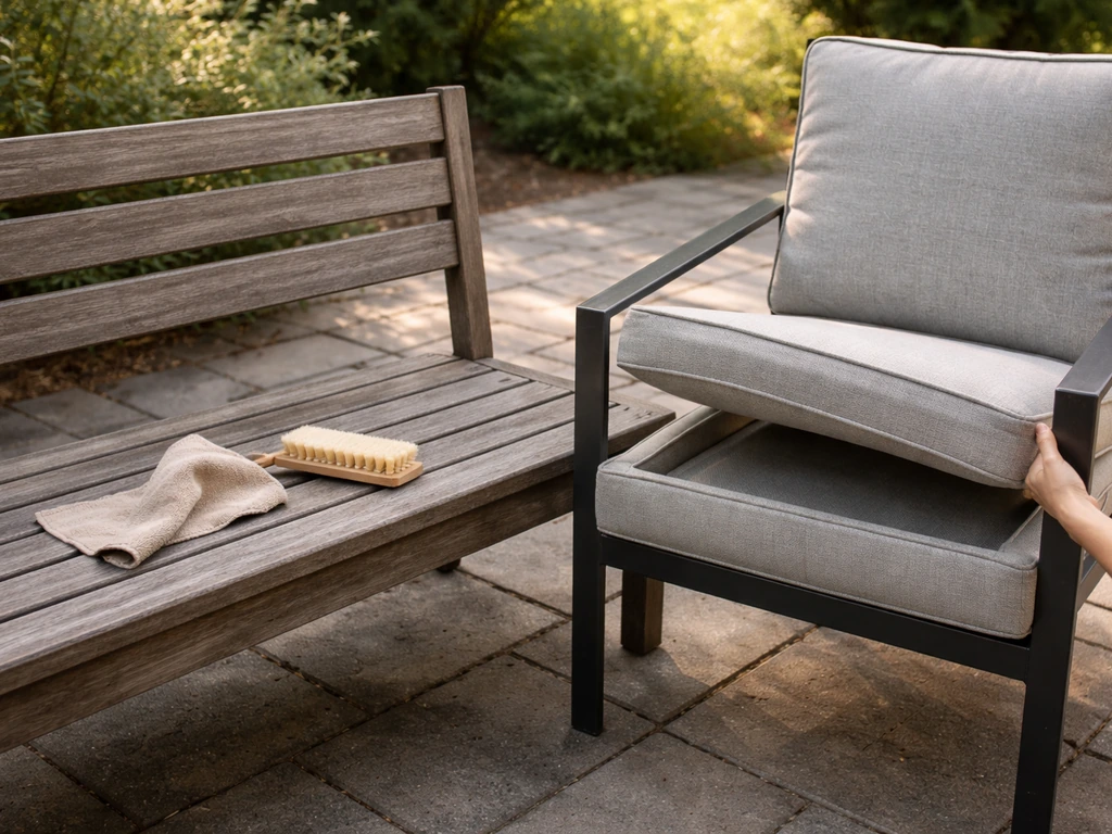 Patio furniture with cushions and wood-and-metal surfaces on a tidy outdoor patio.