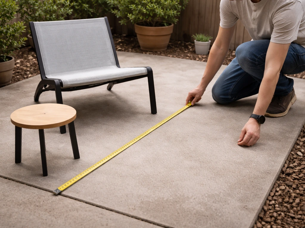 Person measuring a patio and arranging outdoor furniture to match the available space.