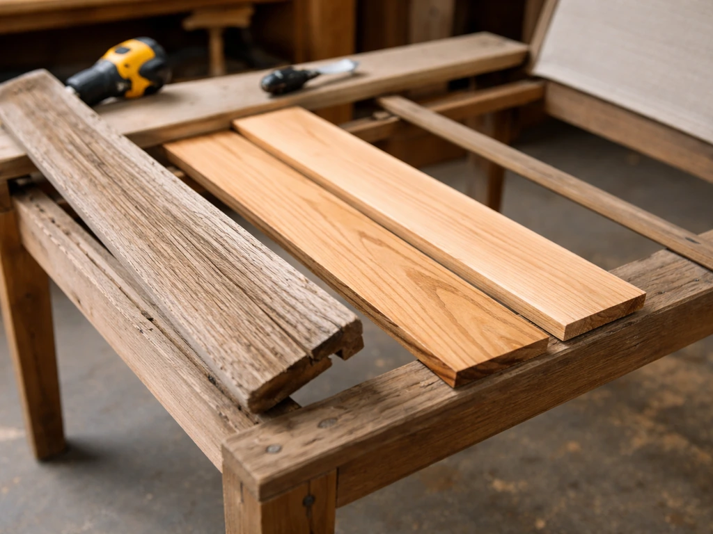 Close-up of a bench repair: broken slat removed and new slat being aligned, sling fabric partly detached.