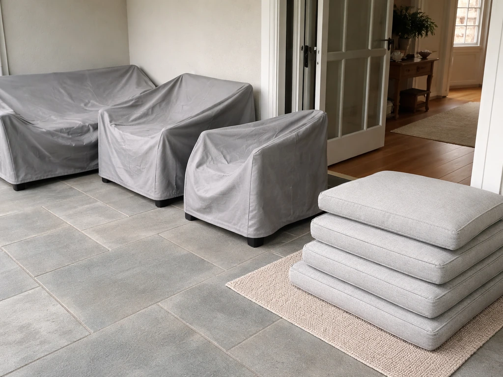Cleaned outdoor furniture with cushions stored indoors and waterproof covers staged for winter protection.