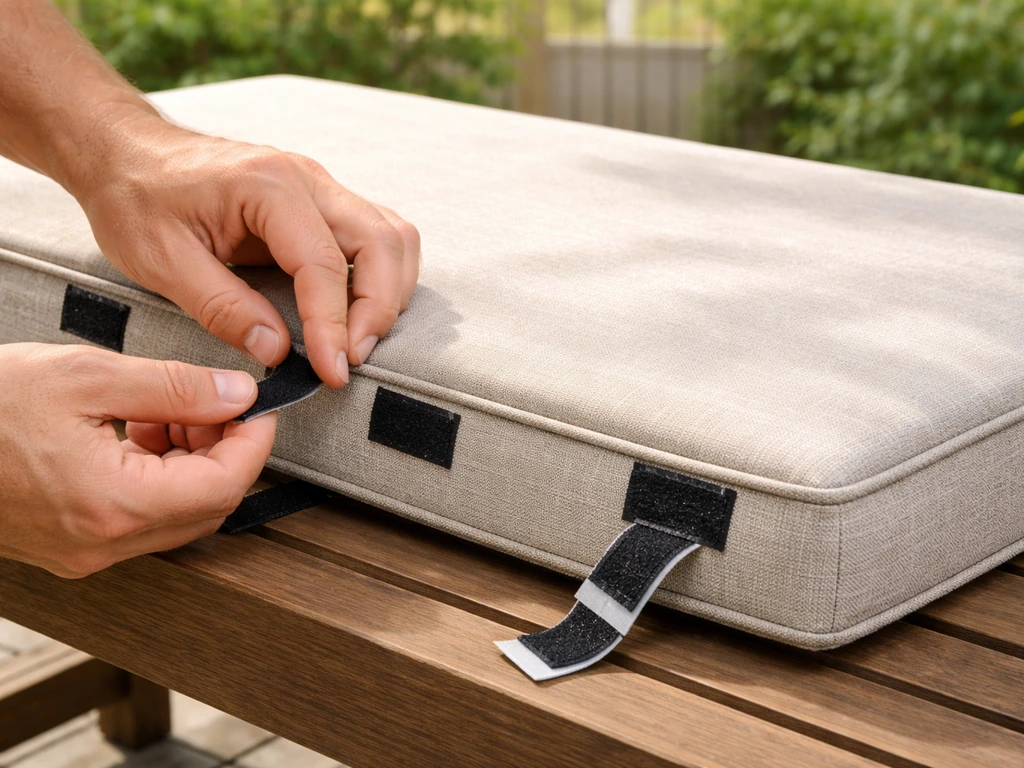 Close-up of a patio cushion with hands attaching Velcro hook-and-loop to the underside edges outdoors.