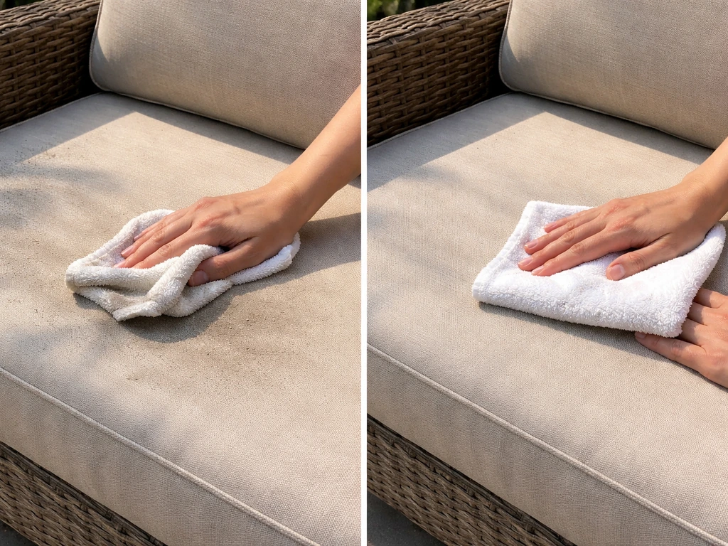 Close-up of a dusty patio cushion surface being wiped clean with a damp cloth for Velcro adhesion.