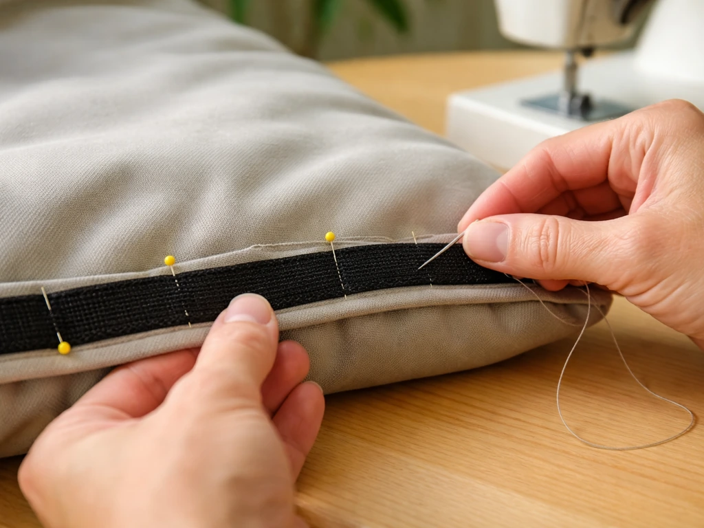 Close-up of hands sewing a sew-on Velcro strip onto an outdoor cushion cover with a needle and thread.
