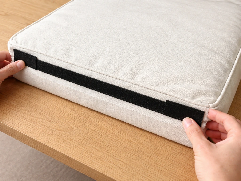 Cushion bottom on a table with Velcro placed along the back and both side edges, lightly pressed in.