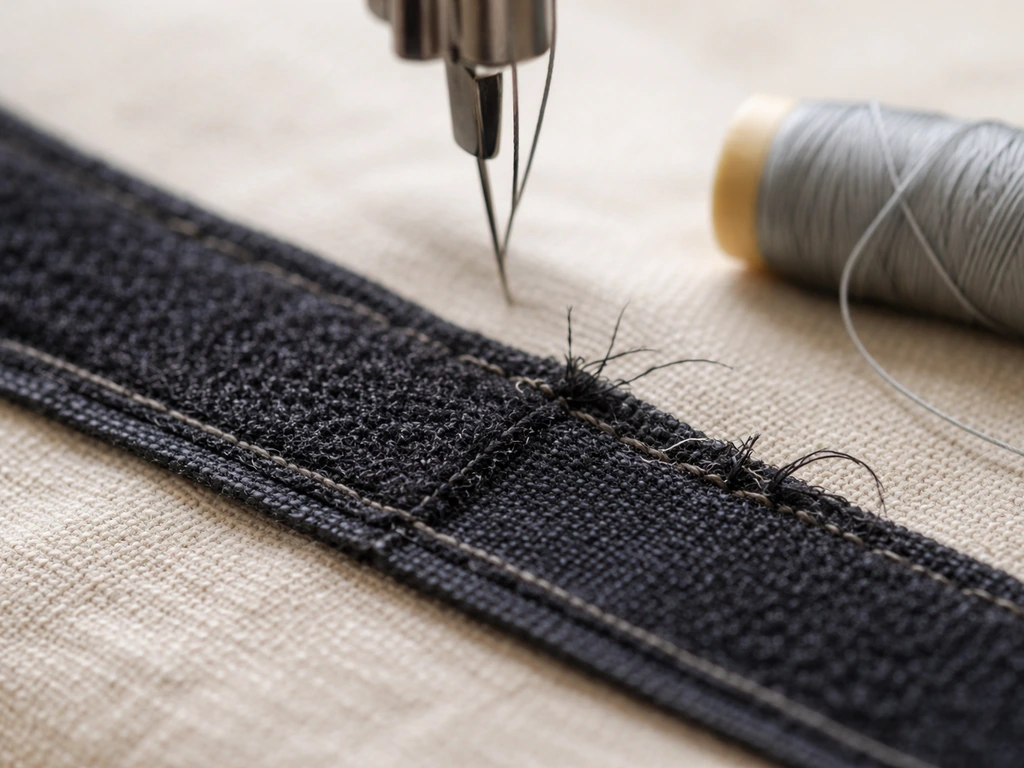 Close-up of fabric with Velcro seam failing, next to a sewing setup showing thread and needle near stitches.