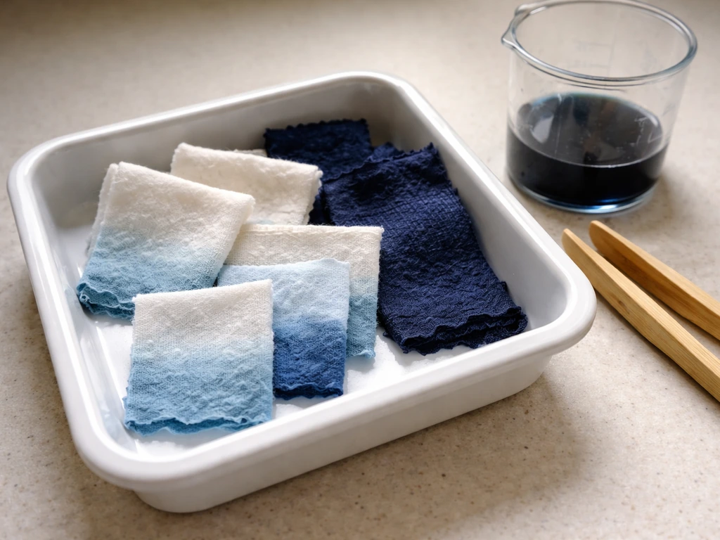 Small cotton dye test swatches in a tray showing different saturation stages, with tongs and dye cup.
