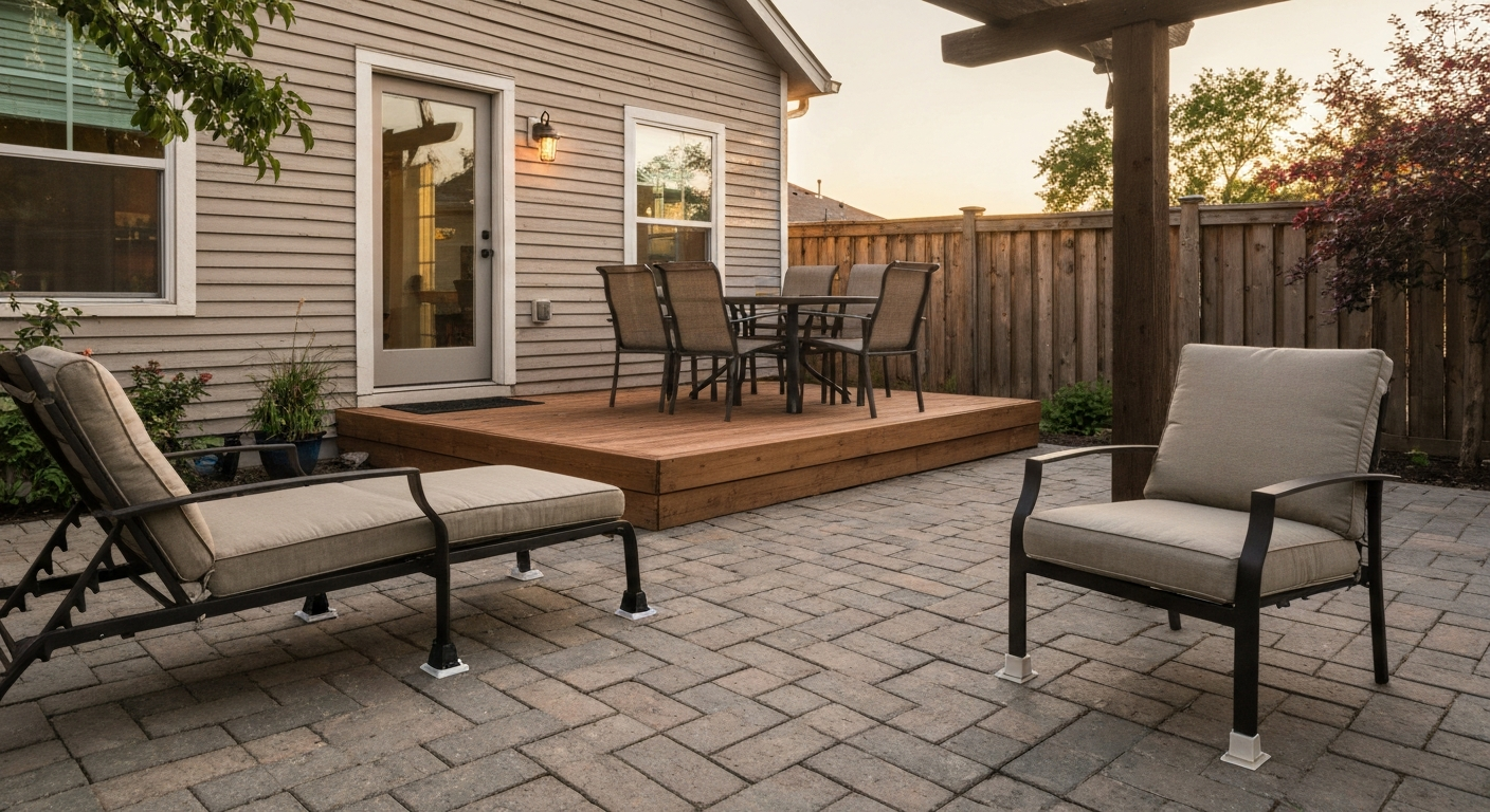 Backyard patio scene showing a raised wooden platform under a dining set, a lounge chair on furniture risers, and a chair with a thick cushion — no people.