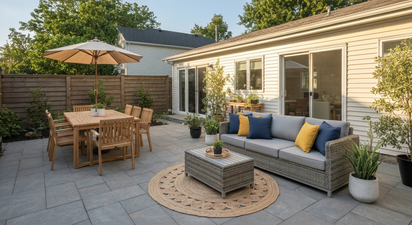 Wide-angle view of a styled patio with a teak dining table, gray wicker lounge sofa, jute rug, potted plants, and navy and mustard accent cushions.
