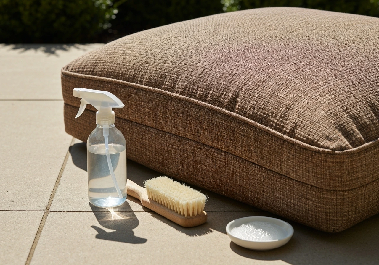 Close-up of outdoor Sunbrella patio cushions with a brush, spray bottle, and mild soap nearby for DIY cleaning
