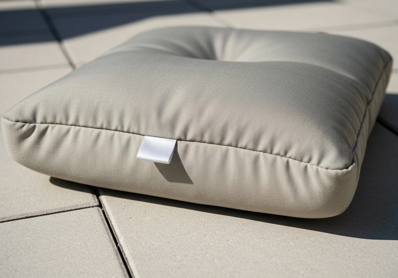 Patio cushion flipped to reveal a sewn-in fabric care label tag on the underside