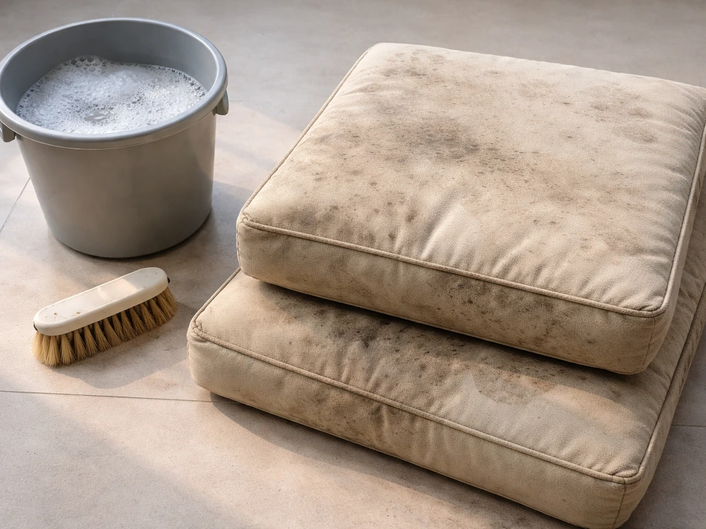 Warm soapy water in a bucket with a scrub brush beside dirty, mildew-spotted cushions ready for deep cleaning.