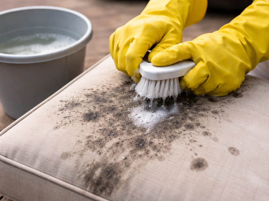 Gloved hands apply diluted bleach/soap to black mold spots on an outdoor cushion.