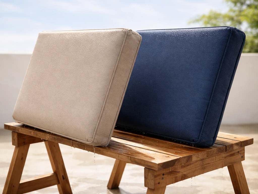 Outdoor cushions propped on their long edge to air-dry with water runoff, no heat or dryer.