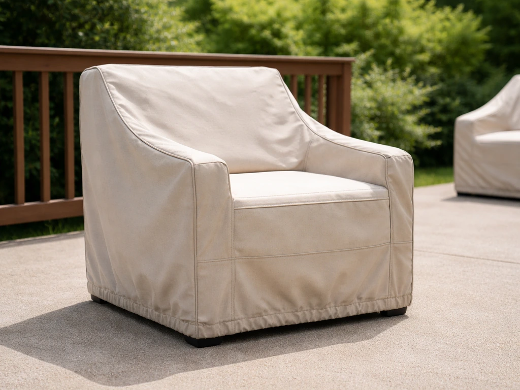Weatherproof slipcover fitted on a patio chair with secured edges in a backyard patio setting.