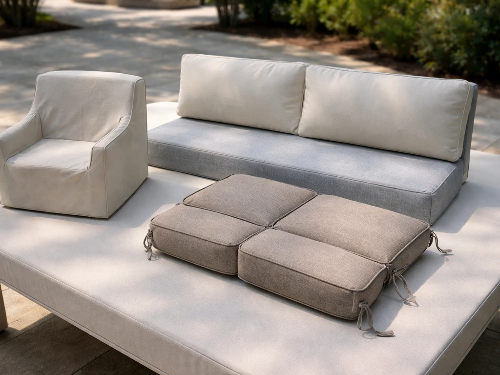 Three slipcover fabric pieces for patio furniture shapes laid out on a patio table.