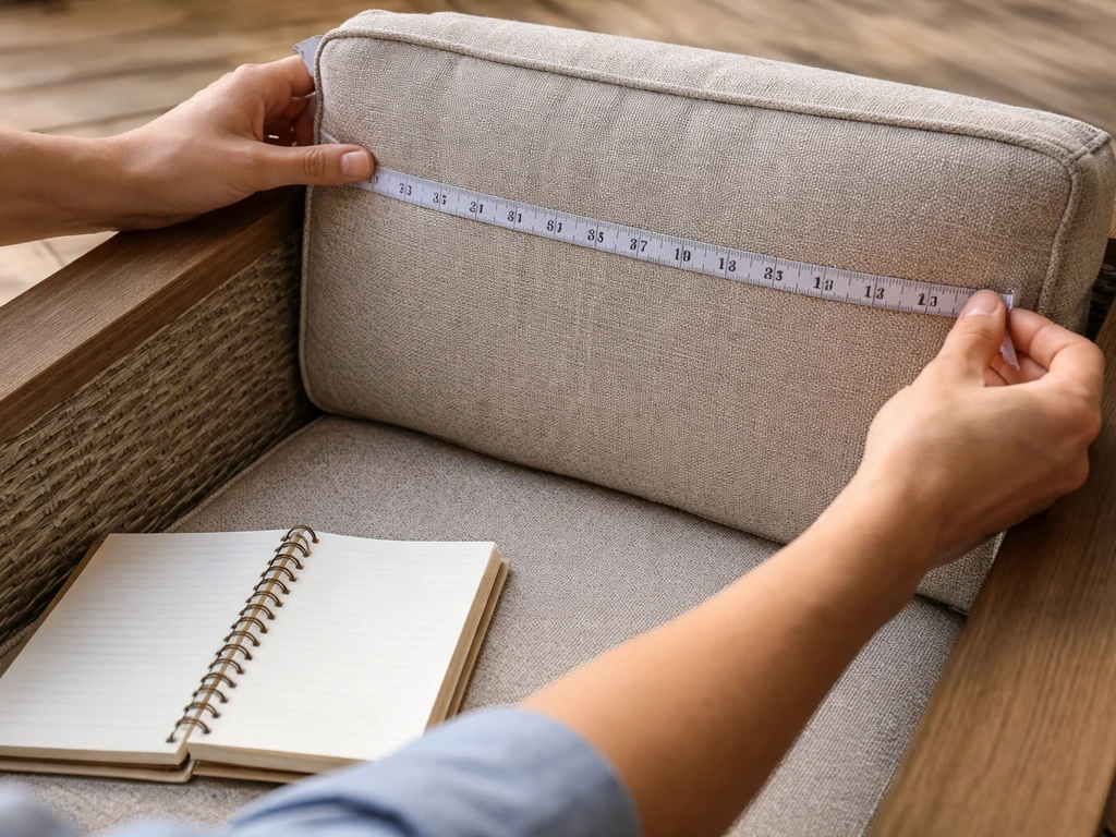Hands measure an upholstered armchair’s inside back and seat with a flexible tape on a patio.