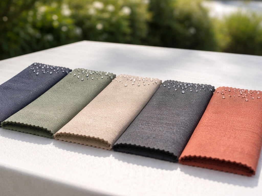 Neatly arranged outdoor upholstery fabric swatches on a patio table with subtle water beading.