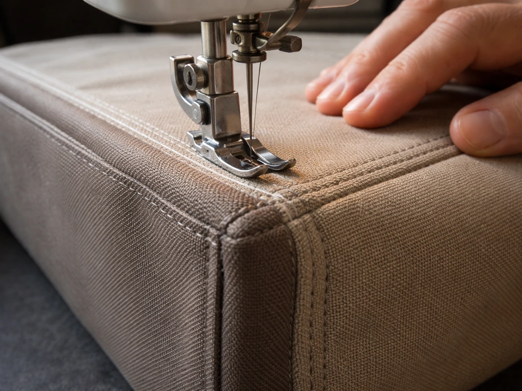Macro close-up of hands sewing an outdoor boxing seam with visible stitch spacing on layered fabric.
