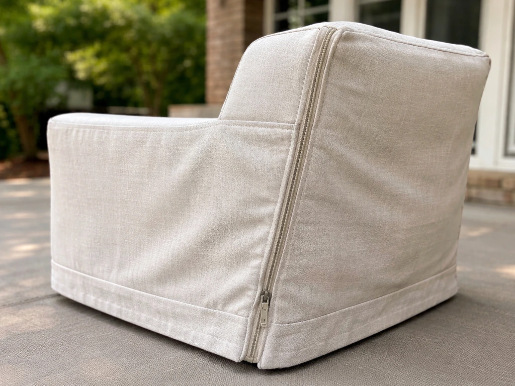 Patio chair wearing a fitted slipcover with zipper and secured hem along the seam