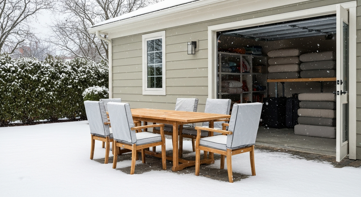 Winter backyard with patio furniture covered by breathable covers and cushions stored in a garage.