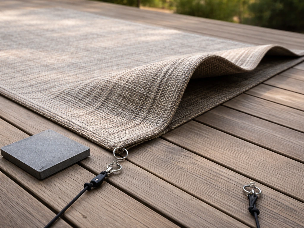 Patio rug sliding in wind on a deck, with visible anchors and weights to show how to weigh it down