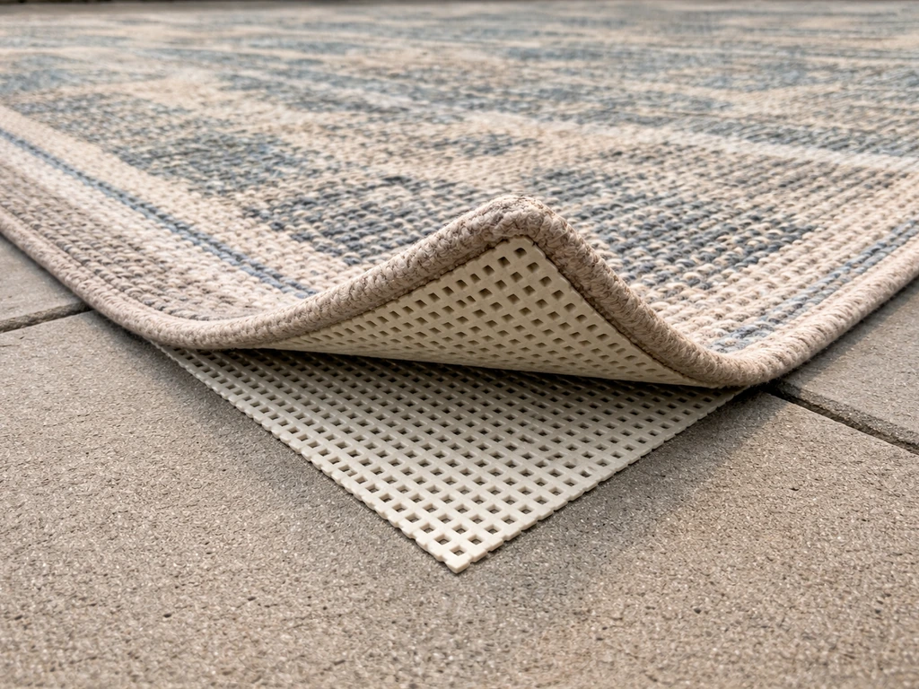 Outdoor patio rug with an installed non-slip grip pad beneath, showing traction on clean concrete.