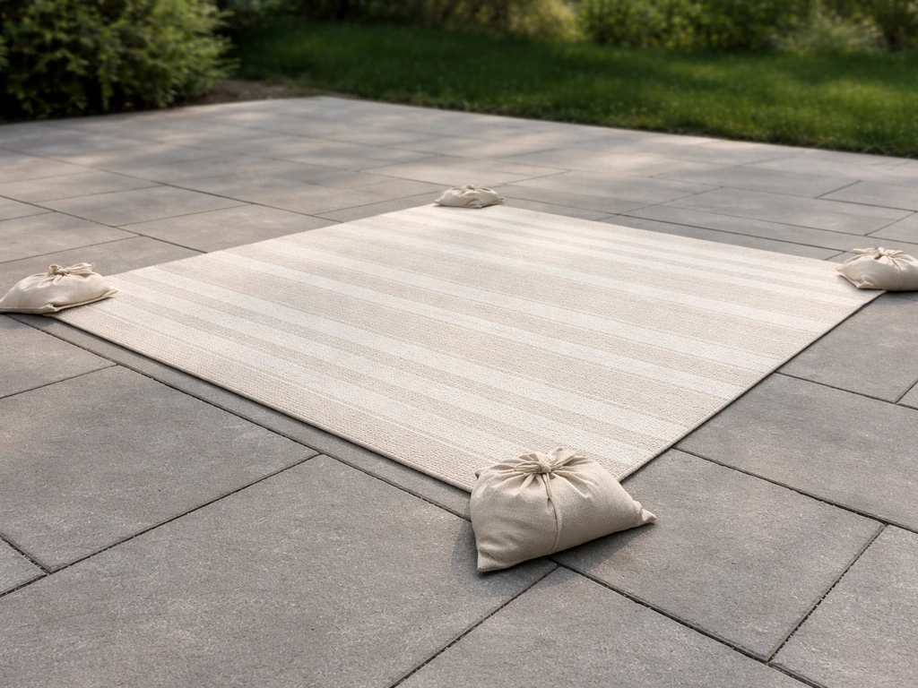Small canvas sandbags placed under each rug corner outdoors, holding rug edges flush.