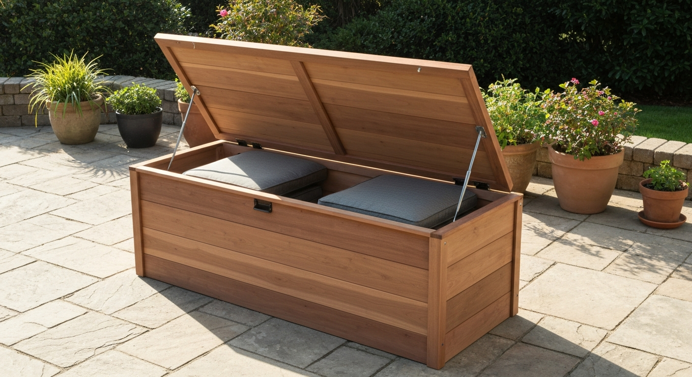 Finished cedar patio storage bench (60"×18"×18") on stone patio with lid open showing cushions inside; stainless piano hinge and gas struts visible.