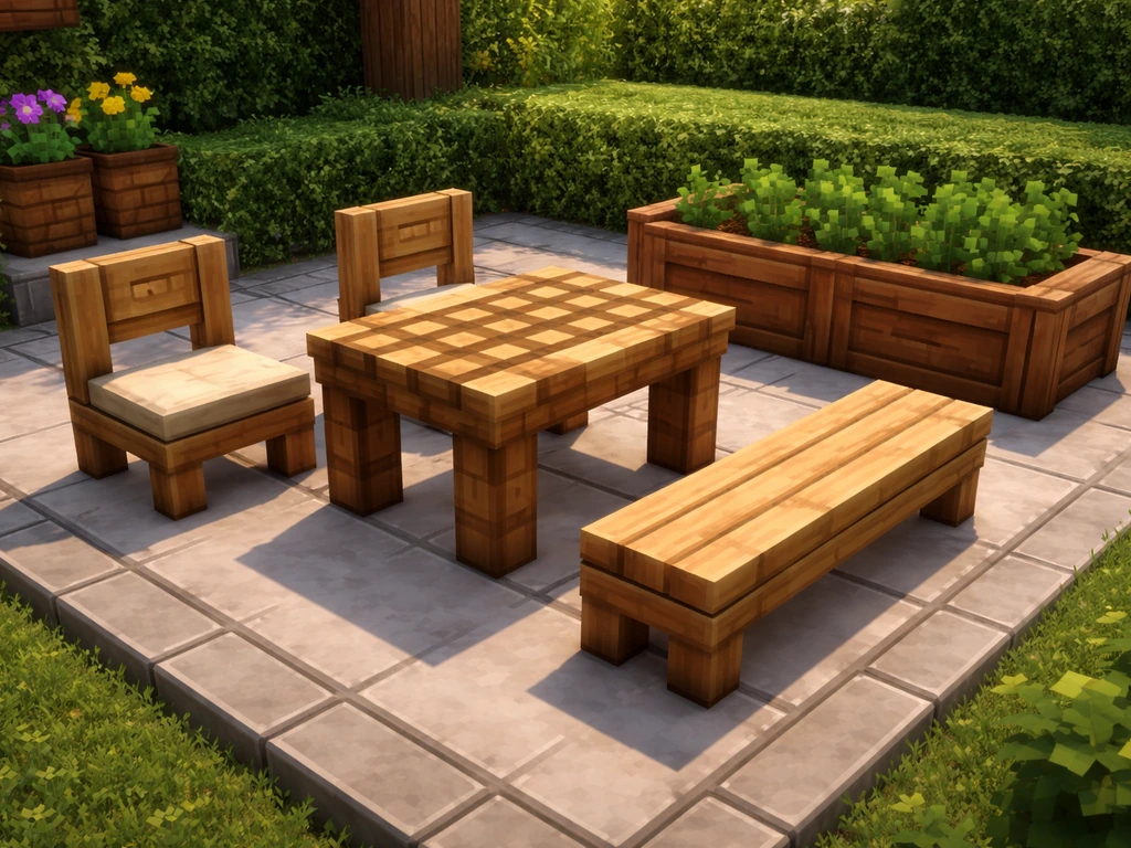 Wide Minecraft-style patio with table, chairs, bench, and planter neatly arranged on framed flooring.