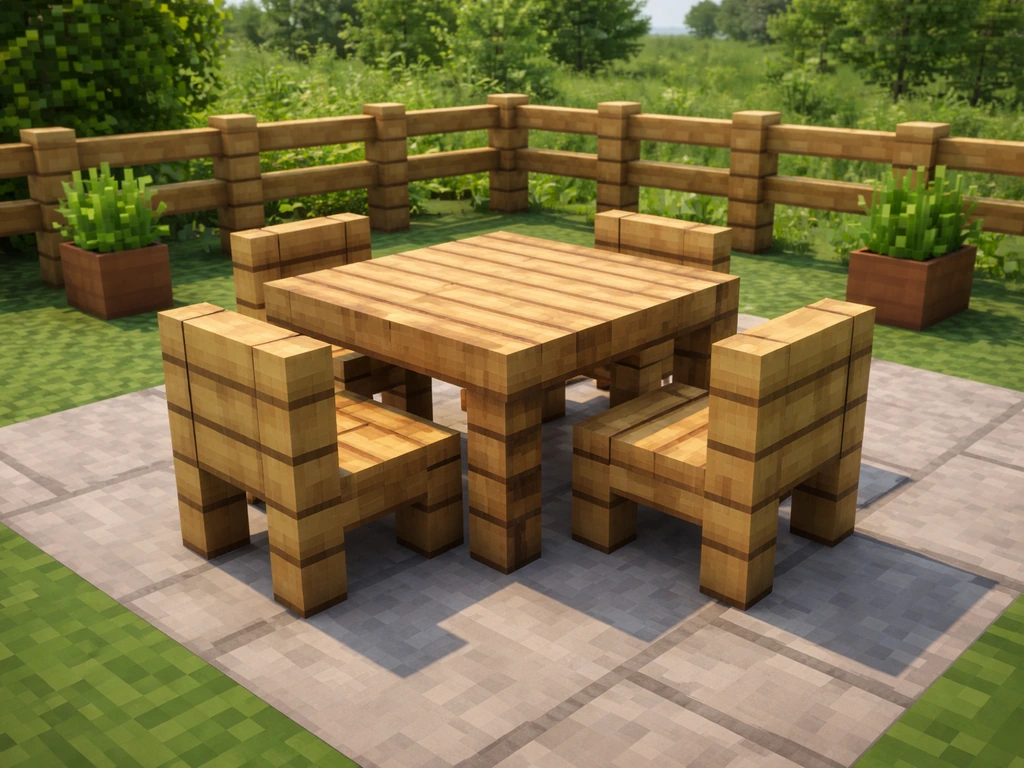 Minecraft-style patio furniture set with a blocky table and chairs on an outdoor terrace
