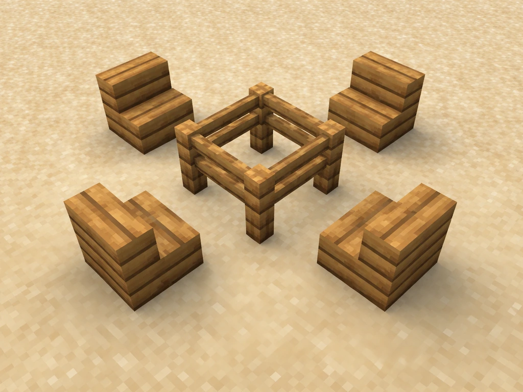 Top-down view of a simple tabletop made from fence posts with chairs and inward-facing stair blocks