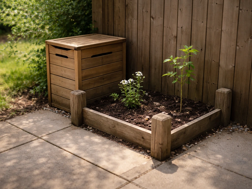 Patio corner showing a wooden composter enclosed by low fence posts with flowers and a small sapling.