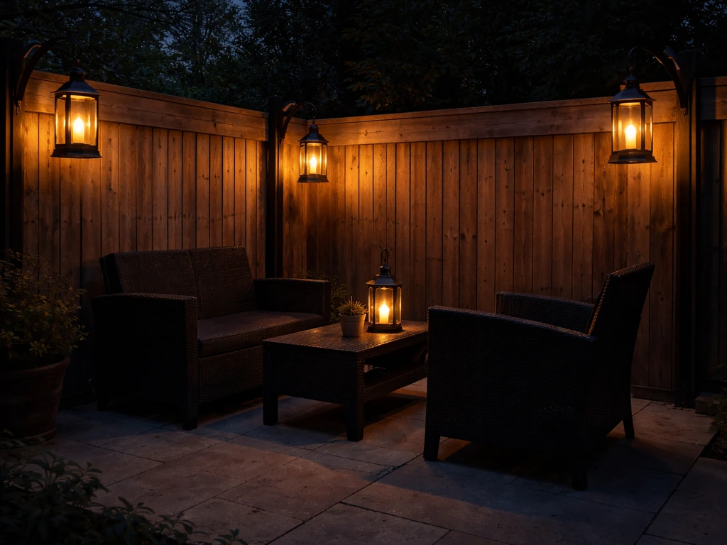 Warm lanterns hung on fence posts glow over a quiet outdoor patio at dusk.