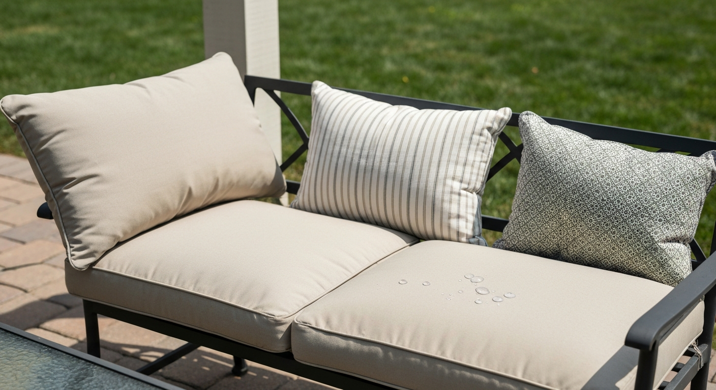 Patio bench with three finished removable slipcovered cushions showing neat seams, piping, and a partially visible water-resistant zipper along the back boxing strip.