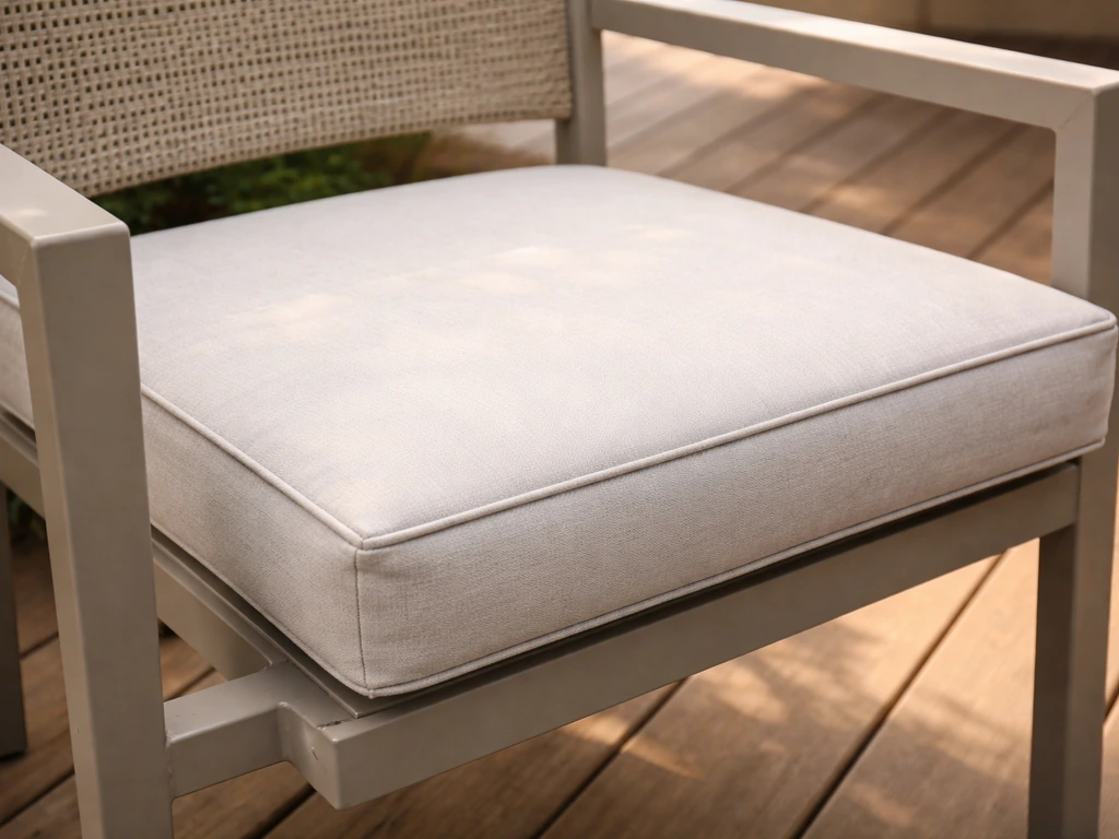 Finished weatherproof patio seat cushion with neat no-sew bond lines on an outdoor chair