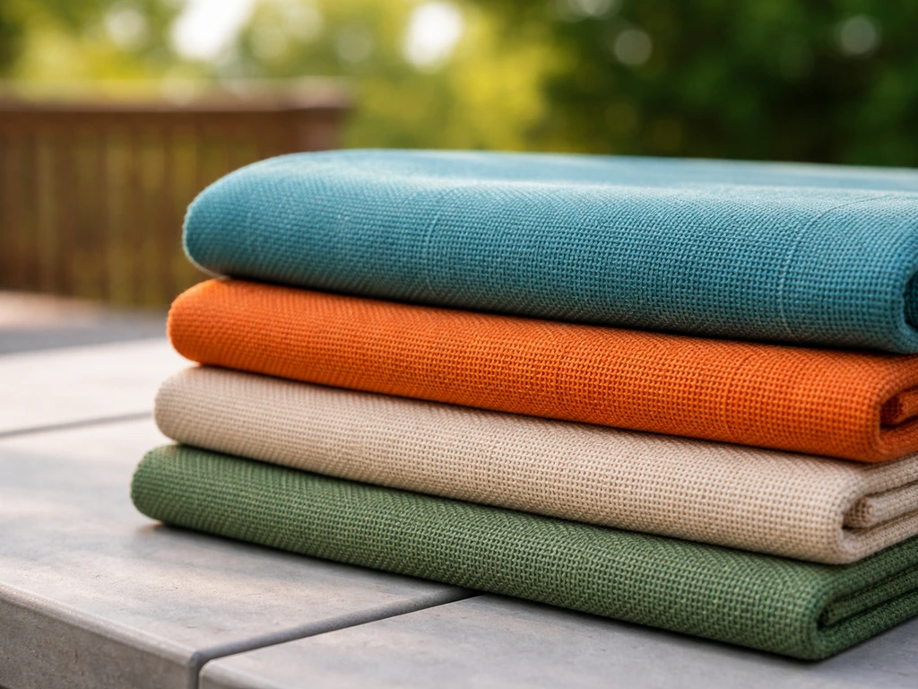 Folded solution-dyed acrylic outdoor fabric on a patio table, showing textured weave in natural light.
