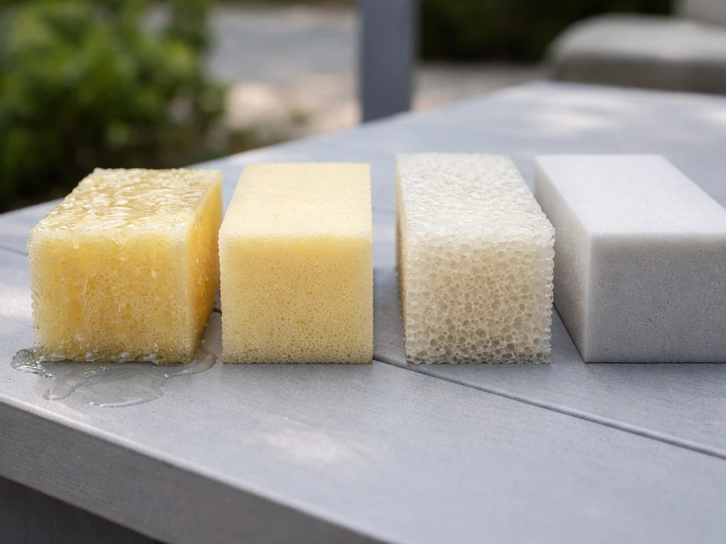 Side-by-side outdoor cushion foam samples showing porous vs denser textures with a subtle water splash.