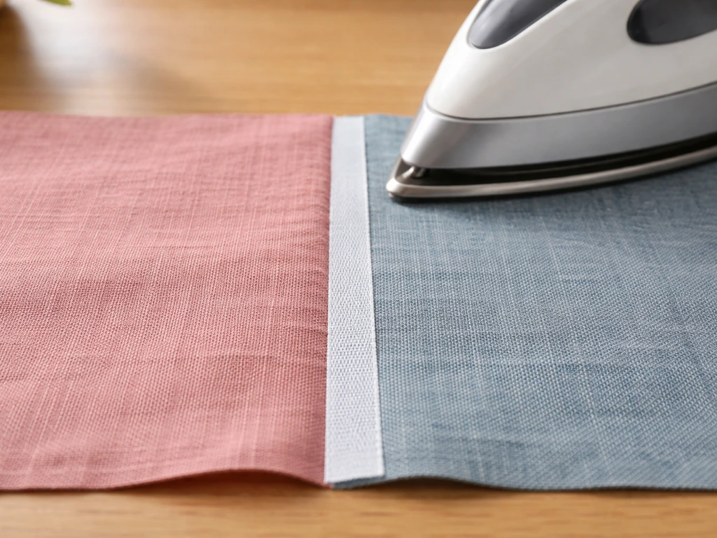 Close-up of fabric seam with fusible webbing tape aligned, ready to be heat-pressed with an iron.