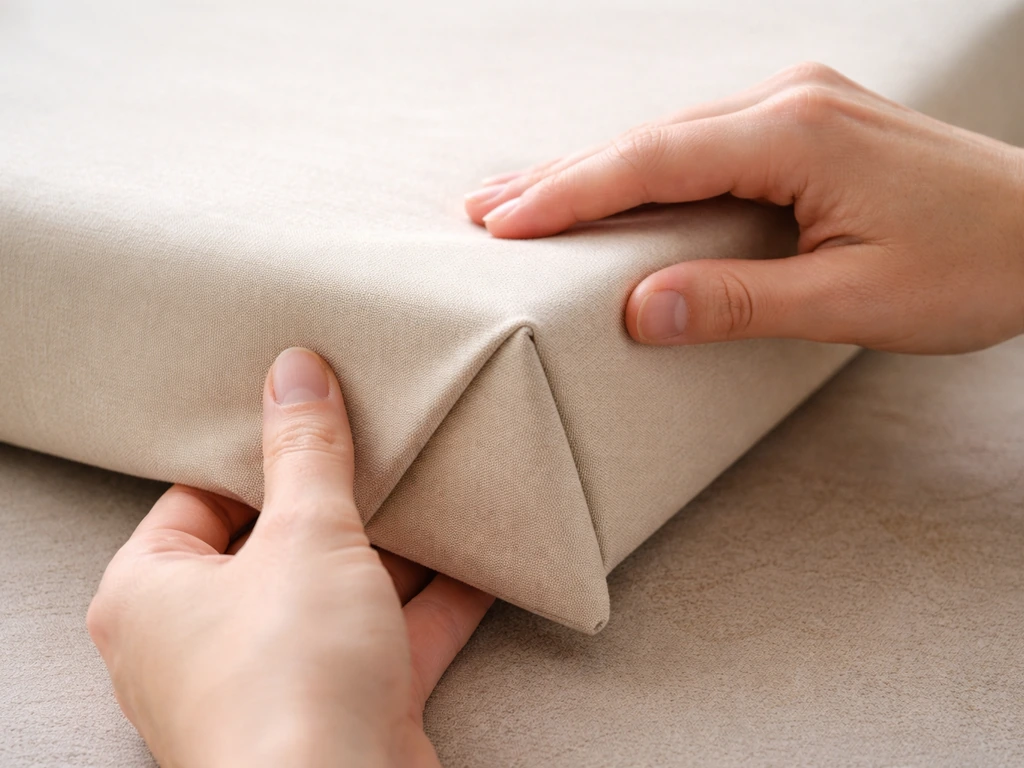 Close-up of hands folding fabric like gift wrapping to form a crisp triangular no-sew cushion corner.