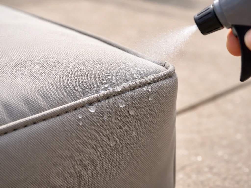Close-up of waterproofing spray mist hitting the bonded seam of an outdoor cushion cover.