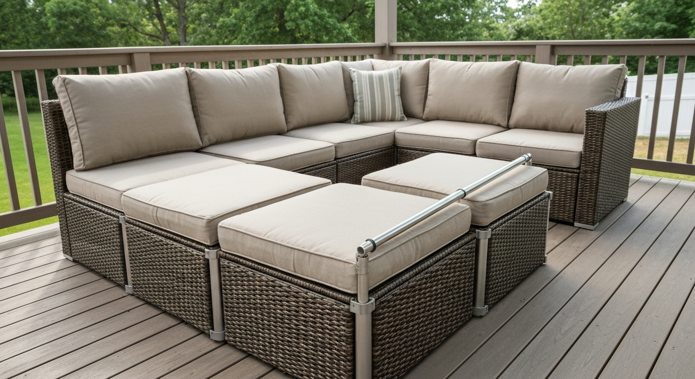 Outdoor wicker/resin sectional on a wood deck with visible snap-fit plastic and stainless-steel connectors between modules, shown in natural daylight.