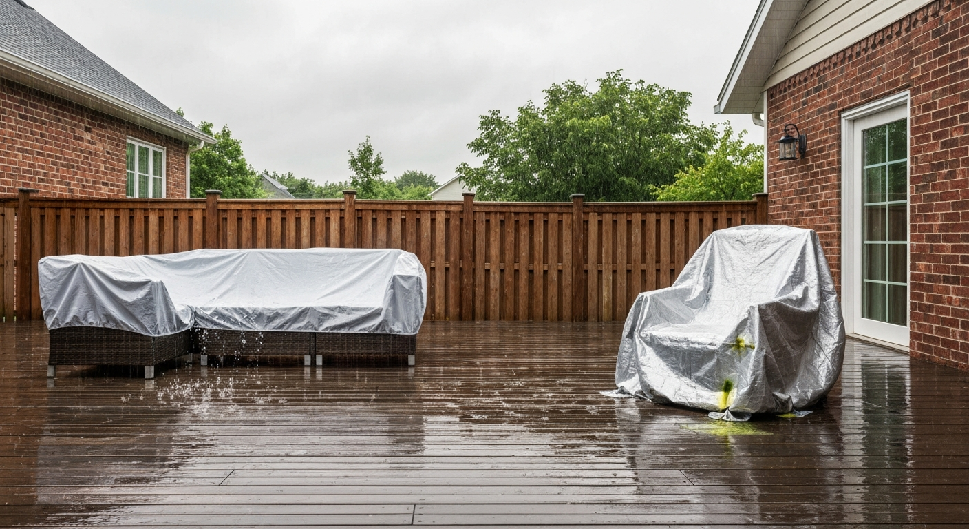 Patio in rain comparing a breathable vented furniture cover (left) with a PVC tarp trapping condensation (right).