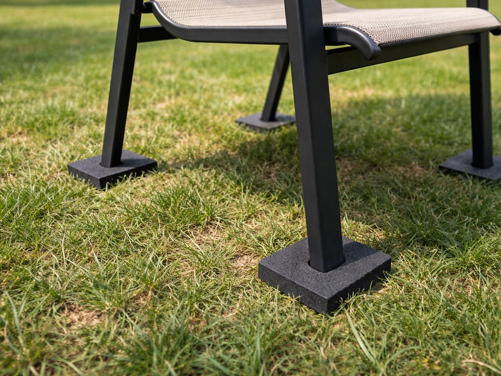 Patio chair legs resting on rubber ground pads on grass for a quick stability fix.