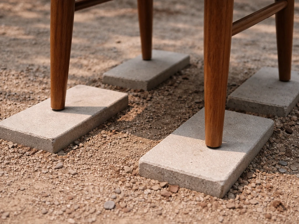 Close-up of two dining chair legs resting on paired flat concrete stepping stones on slightly uneven ground.