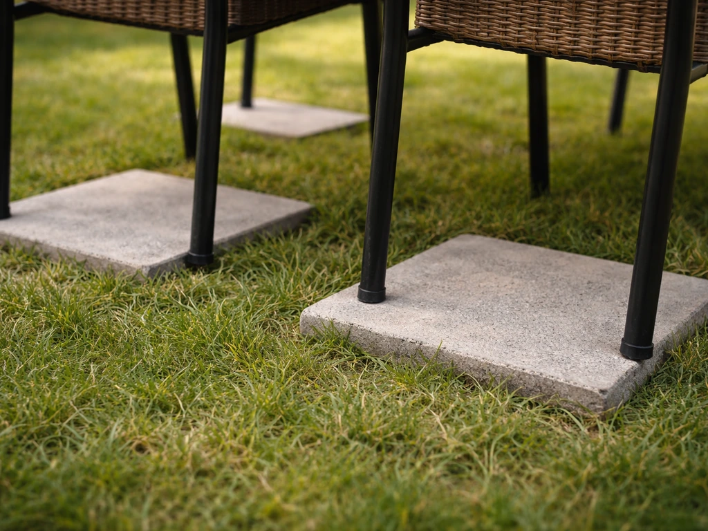 Square concrete pavers placed under each chair leg on grass after lifting sod slightly